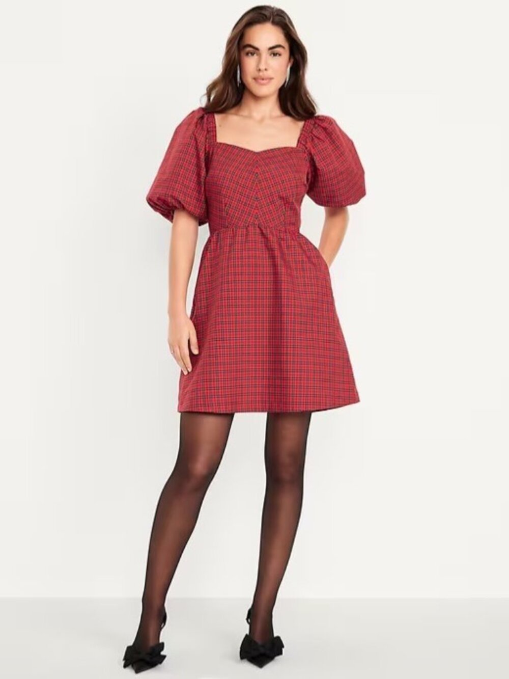 OLD NAVY Red Plaid Smocked Puff Sleeve Dress Size XL NEW NWOT